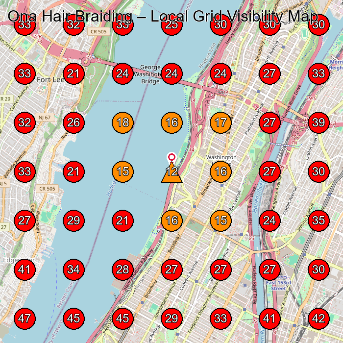 Ona Hair Braiding GeoGrid visibility map for Hair Replacement Service in 2208B Amsterdam Ave